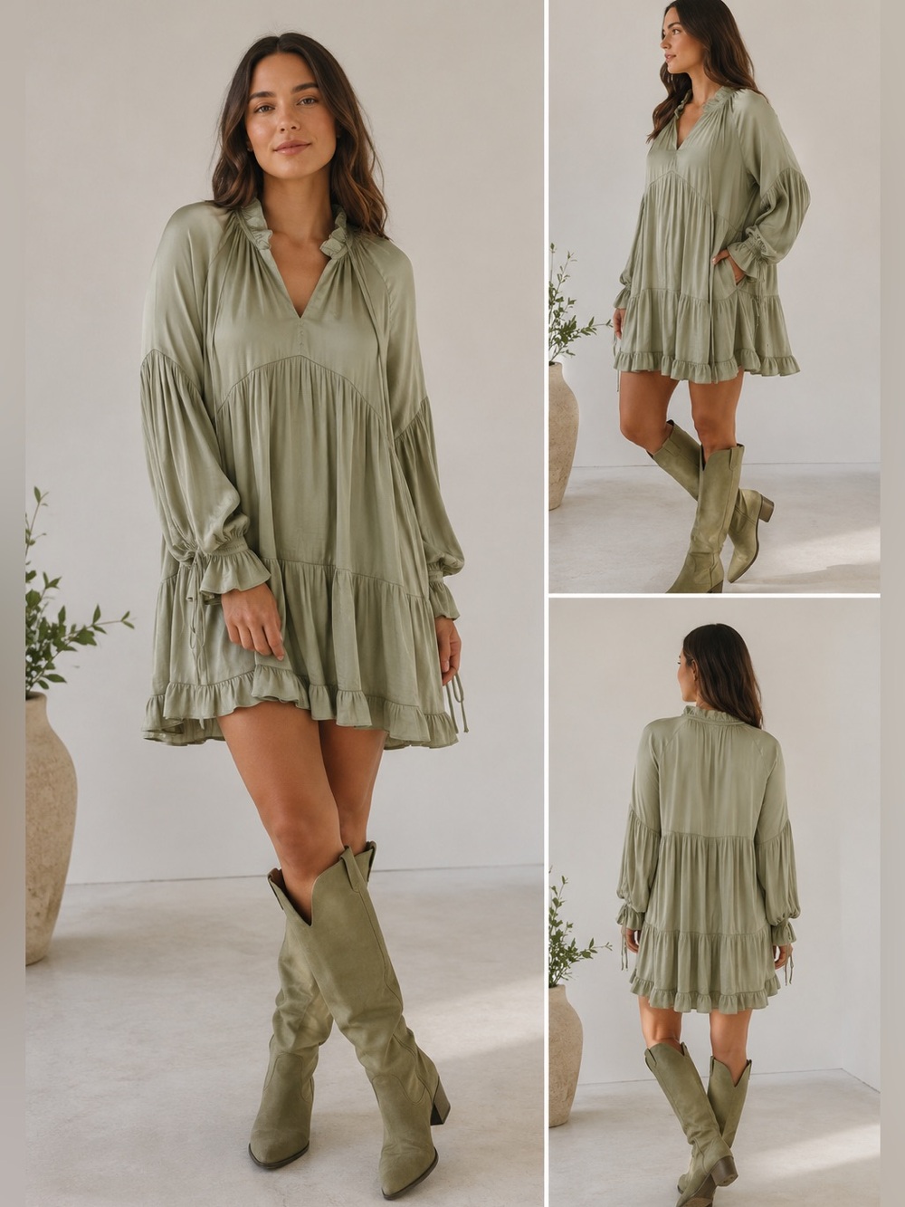 O.P.T. Juvianna Sage Green Silky Tiered Mini Dress Boho Ruffle Babydoll Size M